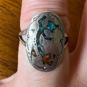 Vintage Rainbow Man Turquoise & Coral Sterling Silver 925 Ring, Size 6.5